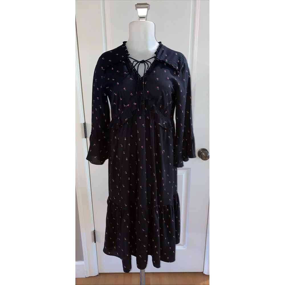 LOFT Navy Blue & Pink Floral‎ V-Neck Tiered Midi Dress Size Small Prairie Boho